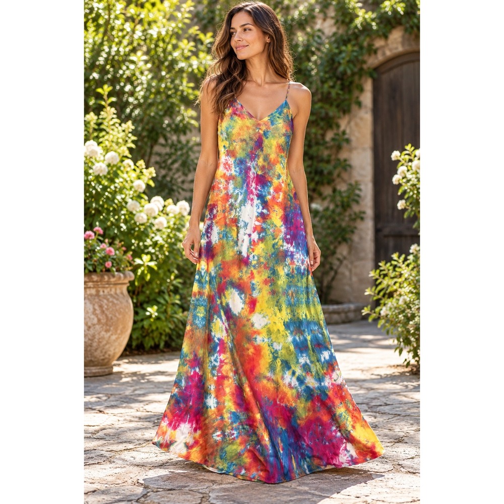 Lasoie 100% Silk Tie Dye Maxi Dress V-Neck Spaghetti Strap Multicolor Large